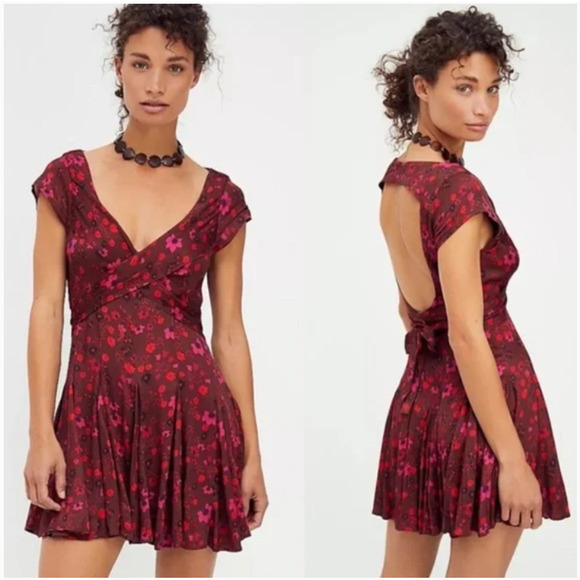 FREE PEOPLE • Red Plum It Takes Two Wrap Front Keyhole Mini Dress Sz M - Picture 9 of 9